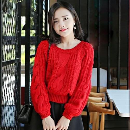 Autumn Winter Style Women Knitted Pullover Sweater Lady Casual Long Lantern Sleeve O-Neck Loose Knitted Pullover ZZ0860