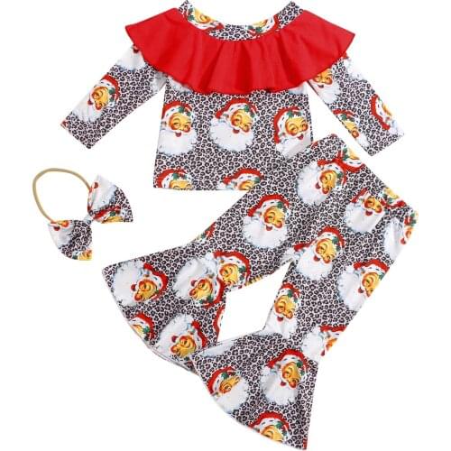 0-4Y Autumn Lovely Baby Girls Christmas Clothes Sets 3pcs Ruffles Long Sleeve Leopard Santa Printed Tops Flare Pants