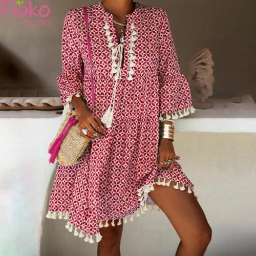 Flokocloset V-neck Loose Bohemian Print Tassel Mini Dress Summer V-Neck Boho A-LINE Vintage Party Short Dress