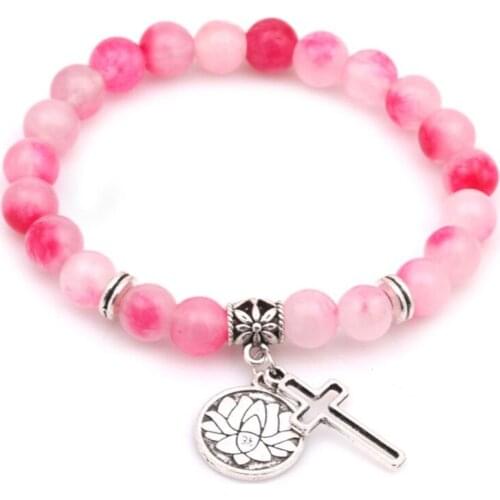 Silver Plated Flower Cross with Rose Red Agates Round Beads Elastic Bracelet Meditation Jewelry