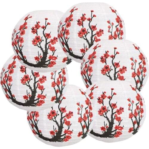 Practical 6 Pack 12Inch Red Cherry Flowers Paper Lantern White Round Chinese Japanese Paper Lamp for Home Wedding Party Decorati