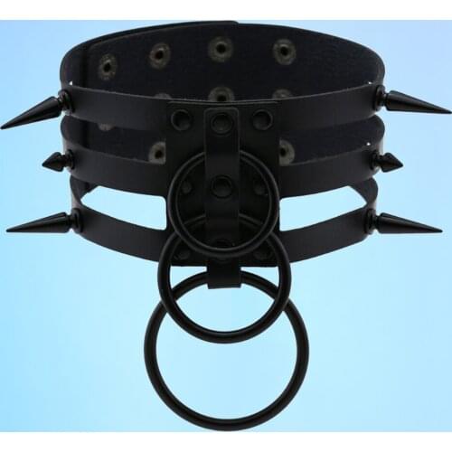 Sexy PU leather collar riveted necklace with non-mainstream exaggerated three rows of black ring neck and choker chain