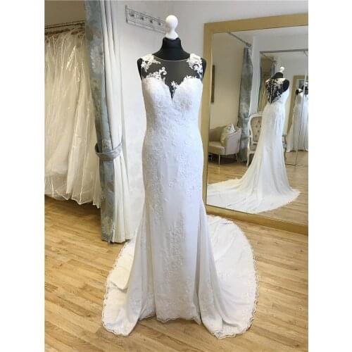 Mermaid Wedding Dress CY-0430 Comfortable Stretch Crepe Vestido De Noiva Sirena Bateau Neckline Appliques See Through Back