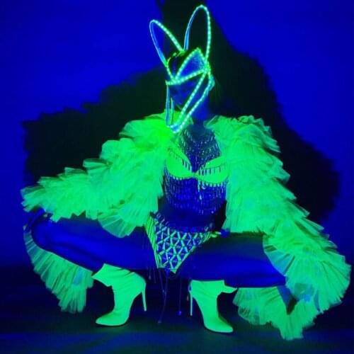 Sexy Fluorescent green Bikini Women Costume Jacket Nightclub Bar Stage Model Catwalk DJ Performance Dance Wear