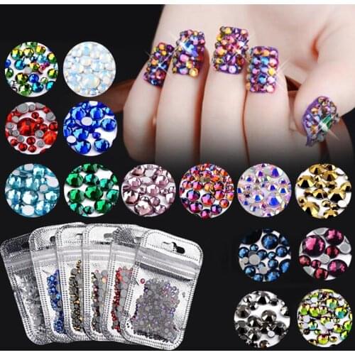 1Pack Colorful Mixed Size Nail Art Rhinestones Shiny AB Crystal Non Hotfix Flatback Glass 3d DIY Gems Manicure Nails Decorations
