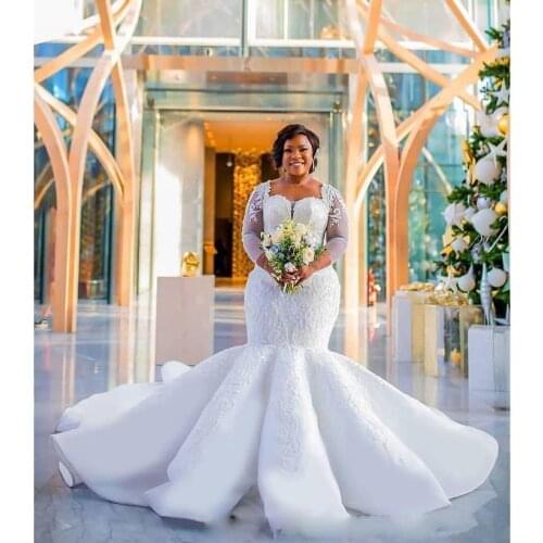South African Mermaid Wedding Dresses Lace Appliques Plus Size Sheer Long Sleeves Bridal Gowns Satin Sweep Train Wedding Vestido
