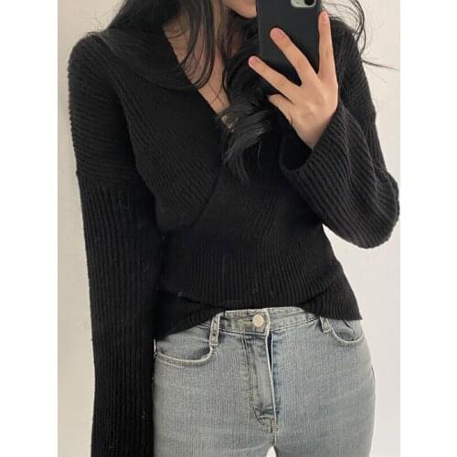 HziriP 2021 Autumn Korean Fashion All-Match V-Neck Full Sleeves Office Lady Solid Pullover Sweater Slim Cross Sweaters All-Match