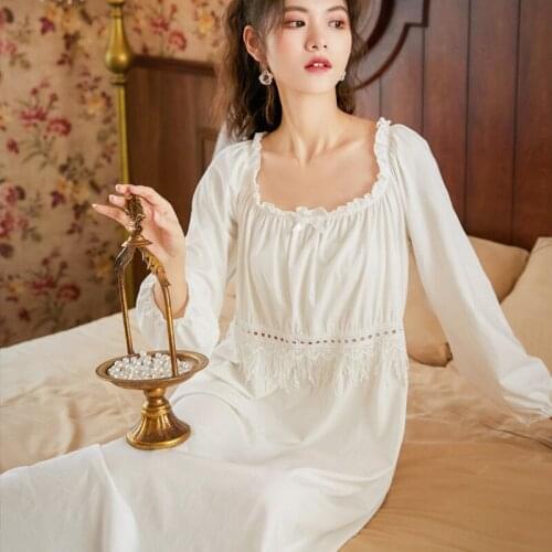 Vintage Nightgowns Palace Nighty Women Lace Hollow out Sleepwear Sexy Hot Erotic Bridesmaid Tassel Long White Nightwear Homewear