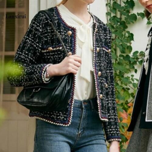 Black and White Checked Woman Suits Double Breasted Tweed Blazers Mini Cashmere Plaids Coat Cardigan OL Crop Tops Abrigos Mujer