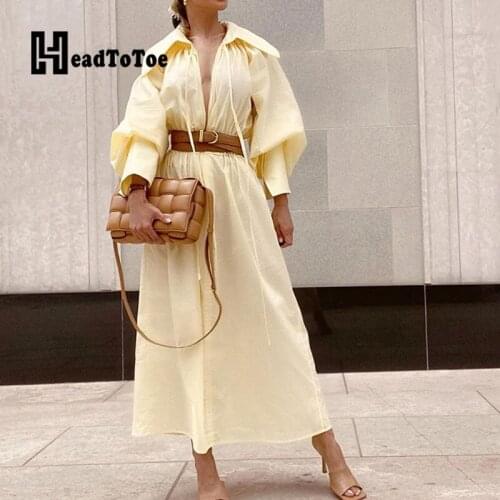Solid Sashes Elegant Fashion Long Dress Puff Sleeve V Neck Turn Down Collar Ankle Length A-line Dress Women