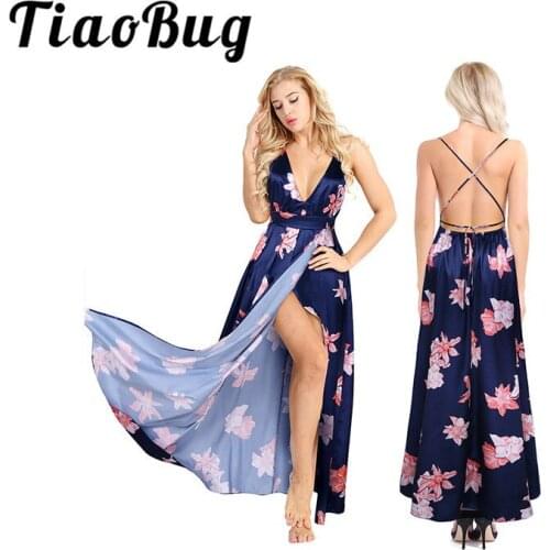 Tiaobug Women Ladies Sleeveless Deep V Criss Cross Backless Floral Slit Dress Party Cocktail Clubwear Formal Occasion Dress