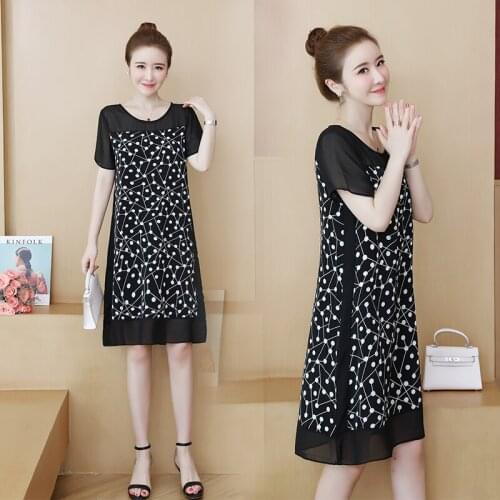 Summer Office Lady A-line Solid Short Sleeve O-neck Patchwork Chiffon Floral Fashion Elegant Black Plus Size Party Dress