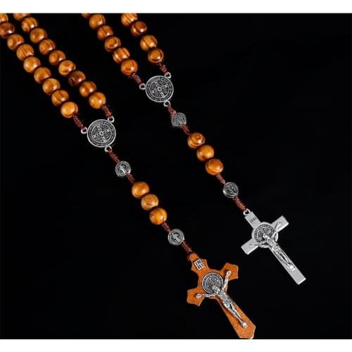 10mm Hand Woven Saint Benedict Medal Antique Wooden Rosary Cross Necklace Retro Catholic Religious Jesus Jewelry