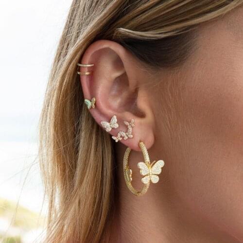 2021 Valentines Day Gift For Girlfriend European Fashion Delicate Micro Pave Butterfly Full CZ Paved Medium Hoop Earring Women