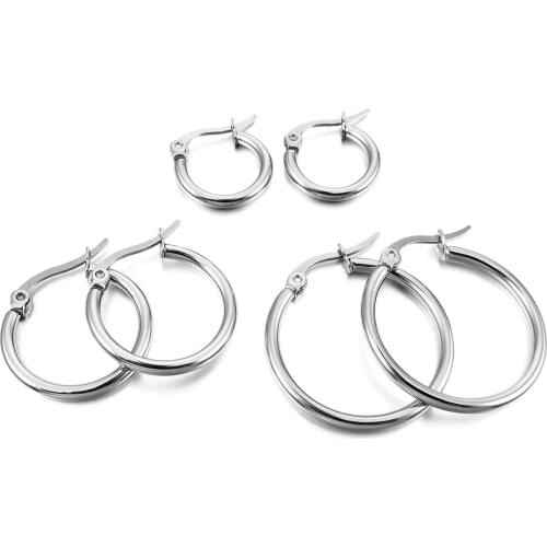 3 pairs 15mm 20mm 25mm Stainless Steel Hoop Huggies Earrings Set Woman