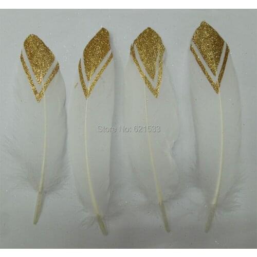 50Pcs/LOT! 13-20CM Gold Dipped White Goose Satinettes Feathers,Gold hand painted with Glitter, Perfect for Earring &Millinery