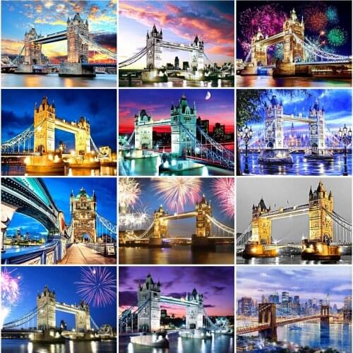 AZQSD Full Square Diamond Painting City Bridge Mosaic Handmade Diamond Embroidery Landscape Cross Stitch Rhinestones