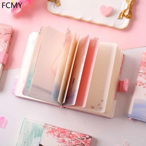 2021 A5 Notebook cute Cherry blossoms Cat Magnetic Buckle Small Fresh PU Leather Diary Student Color Page Girl Heart Hand Book