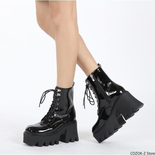 Woman Lace Autumn Boots Womens Ladies Chunky Wedge Platform Black Patent Leather Ankle Boots Punk Goth New Arrival