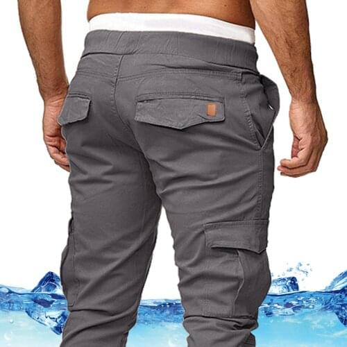 Cargo Pants Men Skinny Jeans Trousers Elastic Waist Drawstring Grey Men Pants Fashion Streetwear Flap Pockets Casual Pants 2020