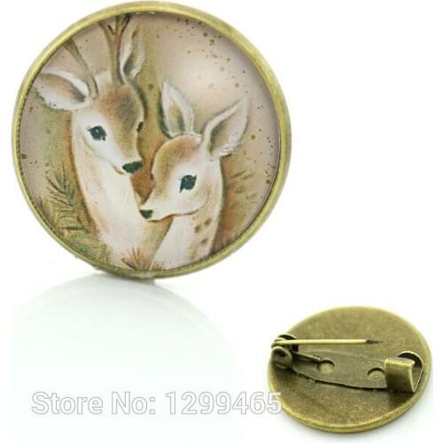 Double Deer Jewelry for X-MAS Gifts Trendy brooches pins jewelry for men and women gift for baby Glass cabochon dome medal C38