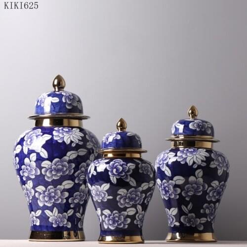 Creative Blue Flower Ceramic Storage Jar Electroplating Flower Vase Porch Decoration Peony General Jar Porcelain Home Decoration
