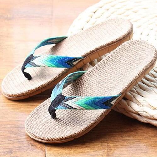 Summer Men Linen Flip Flop Striped Ribbon Sandals Flat EVA Non-Slip Linen Slides Home Slipper Man Casual Straw Beach Shoes