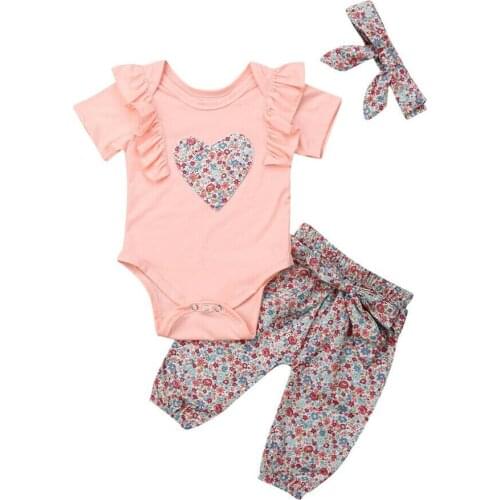 0-18M Cute Newborn Baby Girl Short Sleeve Heart Sharp Cotton Bodysuit Tops Floral Long Pant Headband 3PCS Clothing Set
