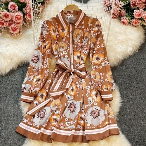 Dresses for Women Casual A-LINE Sashes Mini Turn-down Collar Summer Floral Full Plus Size Clothing Office Lady Elegant Fashion