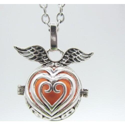 Popular Locket Heart Pendant with Wing DIY Essential Oil Diffuser and Belly Ball Jingle Sound Mexician Angle Caller Necklace