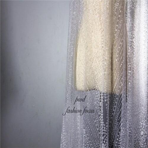 Glitter sequins glued French net lace shining crystal white African tulle lace fabric for wedding party dress