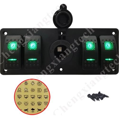 5 In 1 Pre-wired 4 Gang Green Led Rocker Switch Aluminum Panel + Cigarette Lighter Power Socket + Stickers for Car Boat Yatch
