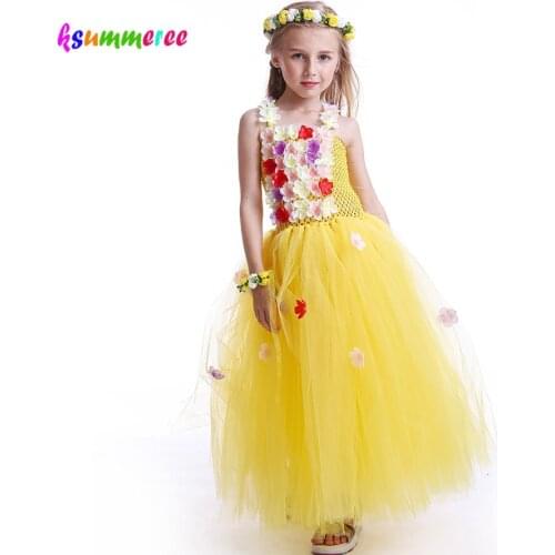 Multi Colored Flowers Yellow Tutu Dress Kids full length Hydrangea Costume Baby Girls Princess Wedding Floral Party Ball Gown