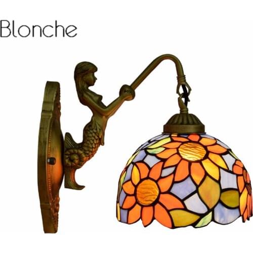 Modern Wall Lamp Mediterranean Stained Glass Mermaid Wall Sconce Led Mirror Light for Bedroom Bathroom Home Fixtures Decor E27