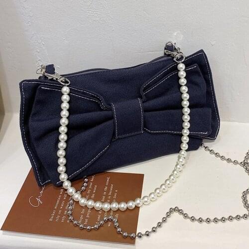 Pearl Chain Shoulder Bags for Women Cute Bow-knot Tote Messenger Bag Ladies Unique Designer Crossbody Bag Simple Canvas Handbags