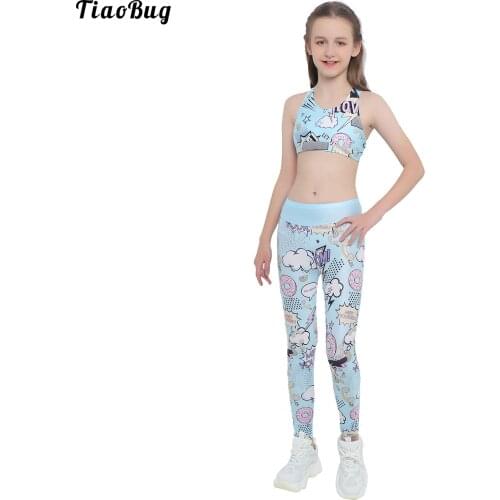 TiaoBug Summer Baby Kids Girls Polyester Cartoon Print 2Pcs Sport Suit Sleeveless Crop Tank Top Cami Shirt Long Pants Sportwear