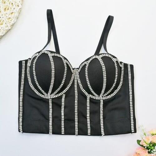 Womens Black Crop Top with Rhinestones Camis Bustier Womens Tops Y2k Sleeveless Vest Festival Clothing