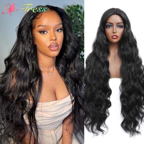 X-TRESS Synthetic Wigs Middle Parting Long Body Wavy Lace Part Wigs for Black Women Heat Resistant Fiber Hair Daily Cosplay Wigs