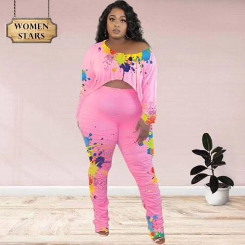 Plus Size Women Clothing Wholesale Two Piece Set Splash Loose Top Stacked Leggings Pants Sets Fall Spring Clothes Dropshipping