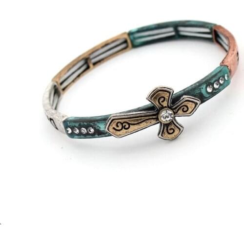 Vintage Engraved Flower Heart Cross Chrsitian Angel Wings Elastic Bracelets Bohemia Women Party Hiphop Rock Religious Jewelry