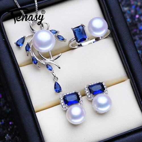 FENASY 925 Sterling Silver Natural Freshwater Pearl Jewelry Sets for Women Pearl Pendant Necklace Ruby Earrings Ring Idea Gift
