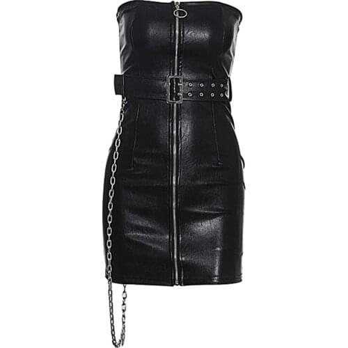 Sexy Black Tight Dress Womens Fashion Party Nightclub Ladies Summer Dress with Belt Metal Chain Pencil Mini Dress