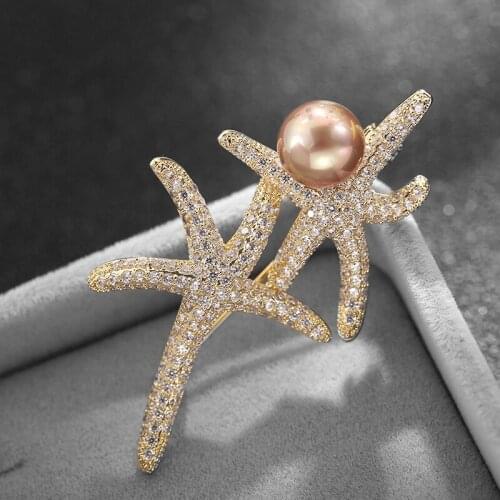 Zhijia Luxury Delicate Pearl Pins Brooches For Women Shiny Crystal Rhinestone Starfish Brooches Gifts Accessories