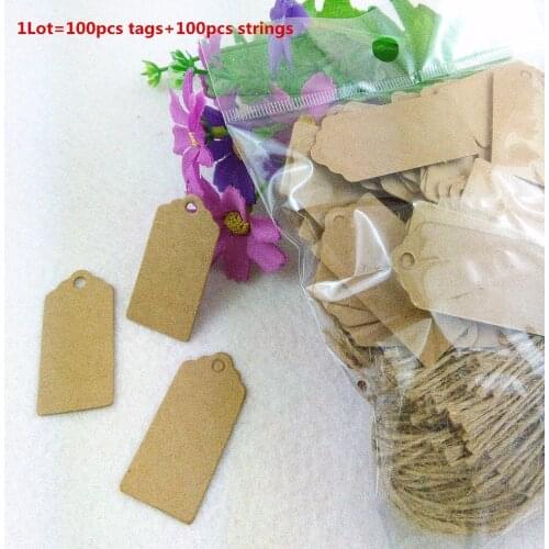 100PCS 4*2cm Kraft Paper Tags+100PCS Hemp Strings Small Lace Scallop Hang Price Tag Blank Head Cards Label Accept Custom Logo