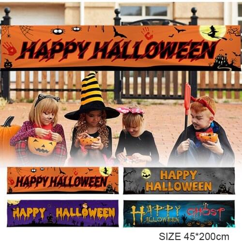 200x45cm Halloween Banner Pumpkin Ghost Head Happy Vampire Bat Print Party Background Hanging Banner Polyester Halloween Banner