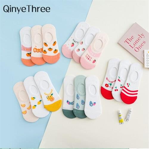 3 pairs/lot womens lovely cartoon fruit invisible socks funny avocado cherry lemon orange strawberry series no-slip sokken