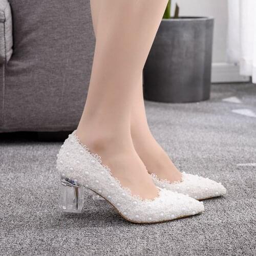 White Lace Flower Womens Wedding Shoes Bride High Heels Ladies Party Dress Pumps
