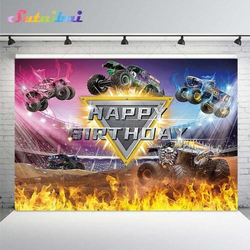 Cartoon Truck Birthday Party Backdrop Racing Cars Arena Burning Flame Photography Background for Baby Boy Photo Booth Decoration