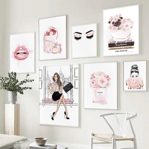 Cute Girl Wall Art Print Canvas Painting Lashes Lips Pink Flower Nordic Posters & Prints Makeup Perfume Book Picture Home Decor