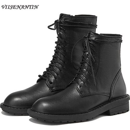 Leather Lace-up Martin Boots Womens Autumn and Winter Single Boots New Thick Heel Ankle Boots Handsome Motorcycle Boots Black
